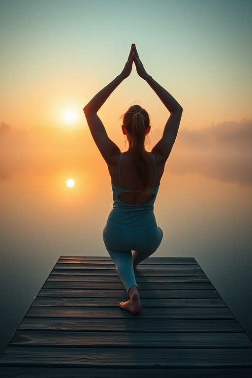 Regenerate the image of a woman practicing yoga on a dock at sunrise over a misty lake with soft golden light, capturing the serene atmosphere with a Canon EOS R5, 35mm lens, aperture f/2.8, ISO 100, shutter speed 1/200 sec, wide shot perspective, natural lighting, and a focus on the subject in a peaceful, meditative pose.