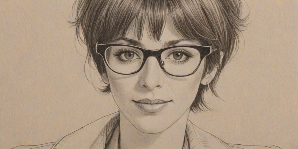 Dazzling Diane Warren, pencil sketch, portrait of Lovely woman 1979s in glasses, hair style beatnik, outline, clear lines, fine lines, 8k