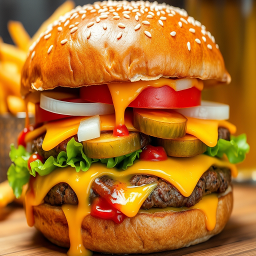 High-resolution, close-up image of a gourmet double cheeseburger. The burger features a glossy, sesame-seed-topped brioche bun. Inside, there are two thick, juicy beef patties, each topped with melted cheddar cheese. The burger is garnished with fresh lettuce, tomato slices, diced onions, and pickles. A generous amount of ketchup and a creamy, orange-colored sauce is dripping down the sides, adding to the mouth-watering appeal. In the background, there are blurred elements including a side of golden French fries and a hint of a beverage, enhancing the overall presentation of a delicious meal.