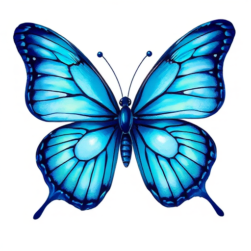 Create a vibrant and detailed illustration of a blue butterfly with intricate wing patterns, showcasing shades of blue and hints of iridescence. The butterfly should be depicted in a graceful pose, with its wings spread wide against a plain white background to emphasize its beauty.