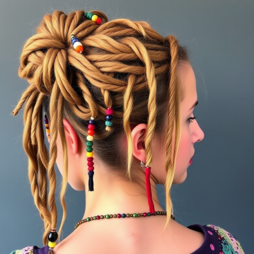 Bohemian-inspired dirty blonde dreadlocks adorned with colorful threads and beads, styled in a half-up bun for a free-spirited and artistic look