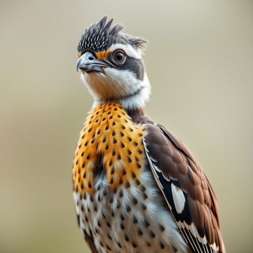 regenerate a high-resolution image of a unique bird with a distinctive head and feathers, using a DSLR camera with a 135mm lens, aperture f/2.8, ISO 100, natural light, shallow depth of field, focused on the subject with a blurred background