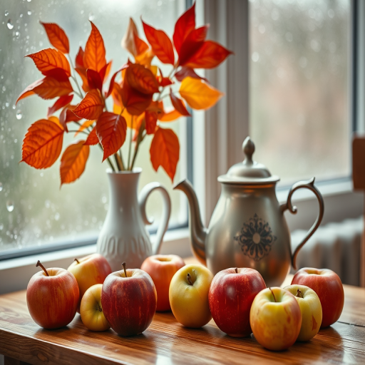 Still life of red and green apples with a vintage teapot and a vase of autumn leaves on a wooden table by a rain-soaked window, soft natural lighting, captured with a Canon EOS R5, 50mm lens at f/1.8, ISO 200, shutter speed 1/125s, warm color tones for a cozy atmosphere.
