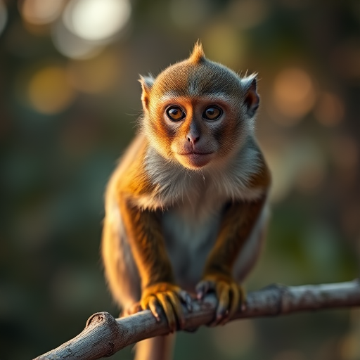 Capture a close-up of a squirrel monkey sitting on a branch, using a DSLR camera with a 50mm lens, aperture set to f/2.8 for a shallow depth of field, ISO 400 for better light sensitivity, in a natural habitat setting during the golden hour for warm lighting.