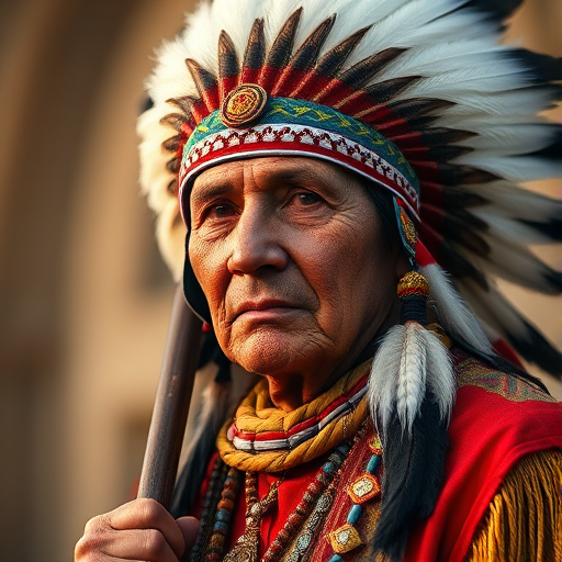 Generate a high-resolution portrait of a Native American man wearing a feathered headdress and traditional attire, holding a staff, with soft diffused lighting, shot with a Nikon D850 at f/1.8, 50mm lens, in a shallow depth of field, capturing intricate facial details and vibrant colors.