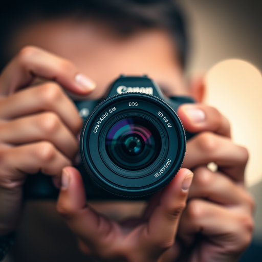 Capture a close-up shot of a person holding a camera, focusing on the lens details, using a Canon EOS 5D Mark IV, f/2.8 aperture, 50mm lens, ISO 100, with soft lighting and a shallow depth of field to create a blurred background.