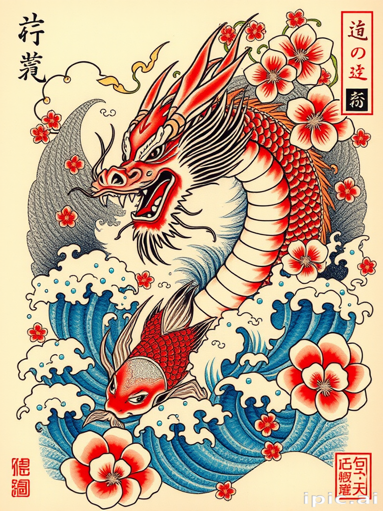 Japanese irezumi tattoo design known as "Mythical Waves" featuring a fierce dragon emerging from turbulent water with cherry blossoms koi fish and traditional clouds in vibrant colors adhering to traditional Japanese artistic principles
