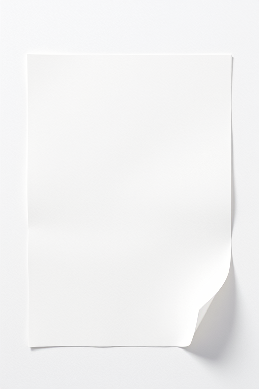 Create a high-resolution image of a blank sheet of paper with a subtle curl at the corner, using a DSLR camera with a 50mm lens, aperture set to f/2.8, shutter speed 1/125, and ISO 100, shot from a top-down view with natural soft lighting for even illumination.