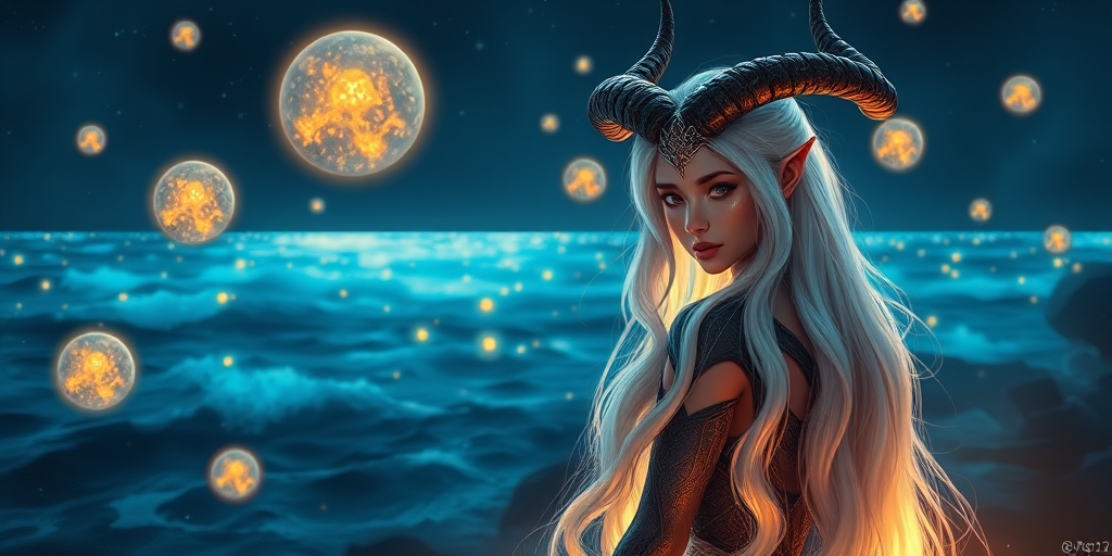 Create a detailed digital painting of a fantasy character with long white hair and black horns, standing by a glowing ocean at night, surrounded by floating orbs of light, with a focus on ethereal atmosphere and vibrant colors, using a Canon EOS R5 camera with a 50mm f/1.2 lens, aperture set to f/1.8, ISO 100, and a soft focus style to enhance image quality.