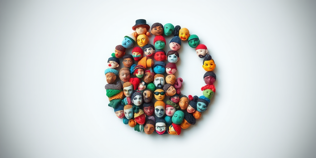 Create a high-resolution image of a colorful peace symbol composed of various miniature faces and vibrant patterns, using a DSLR camera with a 50mm lens at f/1.8, ISO 100, and a shallow depth of field for a soft background blur, captured at eye level for a balanced perspective.