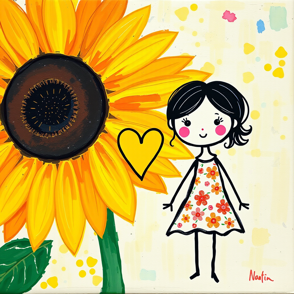 Stylized impressionism painting of a large sunflower with an oversized center and colorful petals. Beside, a young female character with eyes represented by dots and a mouth by a line, pink cheeks, hair attached, arms and legs a black line, flowery white dress triangle shape. A yellow heart surrounded by a black line between the two. Textured background with touches of colorful paint. Childish style.