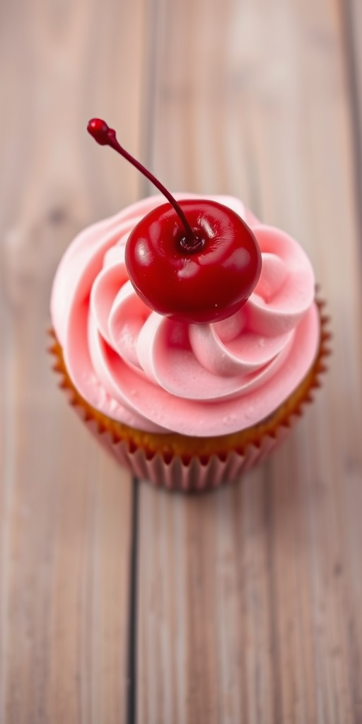 Generate a high-resolution image of a cupcake with pink frosting and a cherry on top, using a 50mm lens, aperture f/2.8, ISO 100, top-down view, using a digital DSLR camera, and vibrant colors for enhanced visual appeal.
