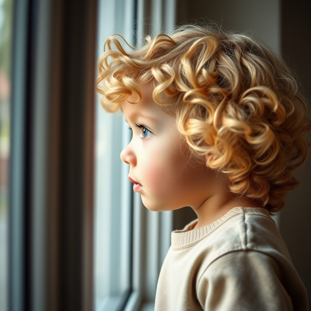Capture a profile portrait of a child with curly blond hair gazing thoughtfully out of a window, soft natural light illuminating their face, f/1.8 aperture, ISO 200, 85mm lens, shot at eye level with a shallow depth of field to enhance background blur, using a DSLR camera.