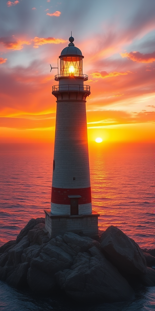 Generate an image of a tall lighthouse perched on a rocky outcrop surrounded by calm ocean waters during a breathtaking sunset. The lighthouse stands sturdy and weathered, its stone surface illuminated by the warm golden light of the setting sun. The sun's rays pass directly through the glass lantern room at the top of the lighthouse, casting a brilliant light across the scene. The sky is painted with vibrant shades of orange, pink, and purple, reflecting off the tranquil sea. The surrounding water shimmers with the same warm hues, creating a serene and majestic atmosphere.
