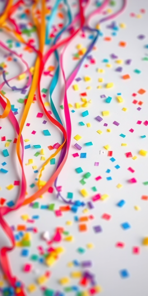 Create an image of colorful party streamers and confetti scattered on a white background with a high-resolution 35mm camera, using a shallow depth of field, exposed at f/4, ISO 100, and a 1/200 second shutter speed for vibrant colors and sharp details.