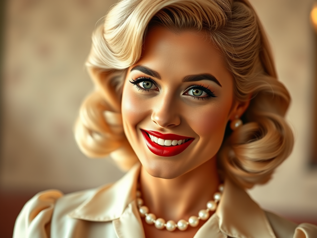 A beautiful Latino woman reminiscent of 1950s Hollywood glamour, with perfectly styled blonde hair and a seductive smile, dressed in a satin blouse and adorned with pearls, soft and warm tones, photorealistic, 8K