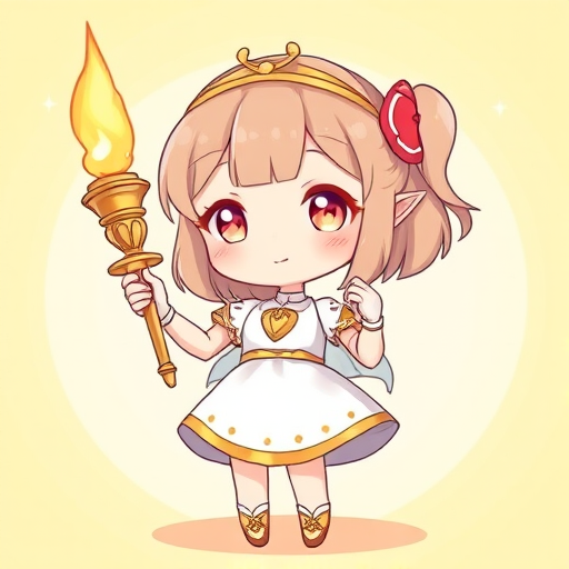 Create a vibrant illustration of a chibi-style character holding a torch, wearing a white dress with golden accents, standing in a bright, cheerful background, shot with a Canon EOS R5, aperture f/1.8, 35mm lens, soft lighting, and a shallow depth of field for a dreamy effect.