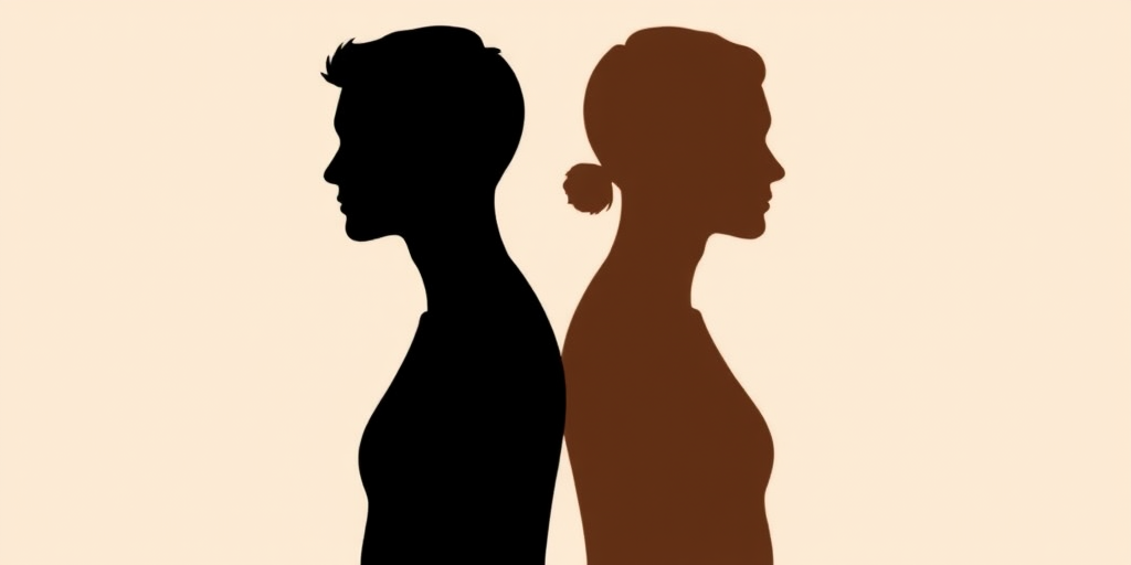 Create an illustration of two human silhouettes back to back, one in black and one in brown, with intertwining necklines, using a high-resolution digital rendering style, shot from a straight-on angle, with soft lighting to enhance the contours, using a professional DSLR camera at f/8 aperture, 50mm lens, ISO 100.