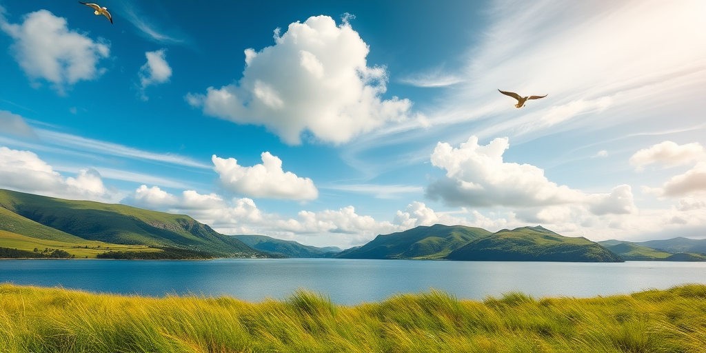 generate a peaceful landscape of a serene lake surrounded by lush green hills and softly swaying grass, featuring a vibrant sky with fluffy clouds and birds in flight, captured with a DSLR camera, 35mm lens, f/8 aperture, ISO 100, natural lighting to enhance vivid colors and depth.