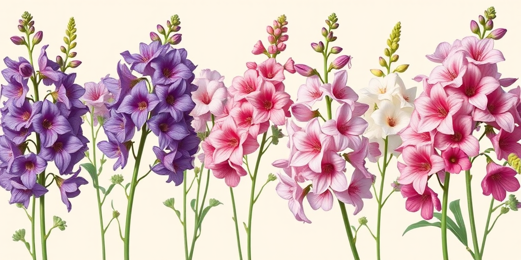 Create a high-resolution botanical illustration of assorted flowers including delphiniums in shades of purple, pink, and white on a soft beige background, captured with a Canon EOS 5D Mark IV, 50mm f/1.8 lens, ISO 100, aperture f/5.6, natural soft lighting to enhance texture and detail.