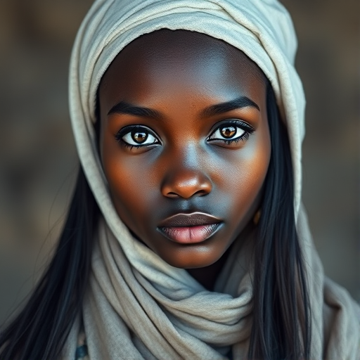 Create a portrait of a young Zulu woman with long, dark hair and captivating hazel eyes. She is wearing a white headscarf and a matching scarf draped gracefully around her neck. The background is softly blurred, focusing attention on her serene and natural expression. The overall color palette is muted and warm, enhancing the intimate and authentic feel of the portrait.