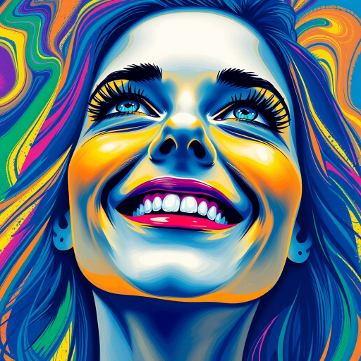 Generate a psychedelic portrait of a woman's happy face with brushstrokes of a woman smiling and looking up at the sky, emphasizing bright and bold colors. The dominant color should be deep blue, with swirling patterns of yellow, green, pink, purple and orange. open blue eyes with long eyelashes, apply an orange-yellow eyeshadow for a mesmerizing effect.