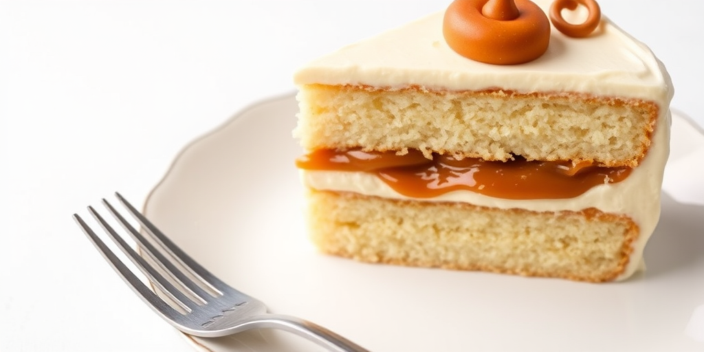 A beautifully layered cake slice with creamy frosting and a caramel filling, topped with a small donut and a decorative swirl, set on a delicate plate with a fork beside it, against a light background.