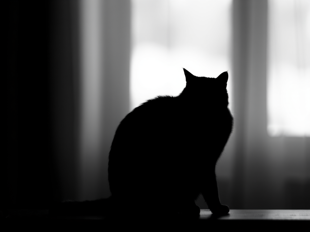 capture a high-contrast monochrome silhouette of a cat sitting gracefully against a soft blurred background with a shallow depth of field, use a 50mm f/1.8 lens, aperture set to f/1.8, ISO 200, shutter speed 1/200s, natural light from the side, taken with a DSLR camera