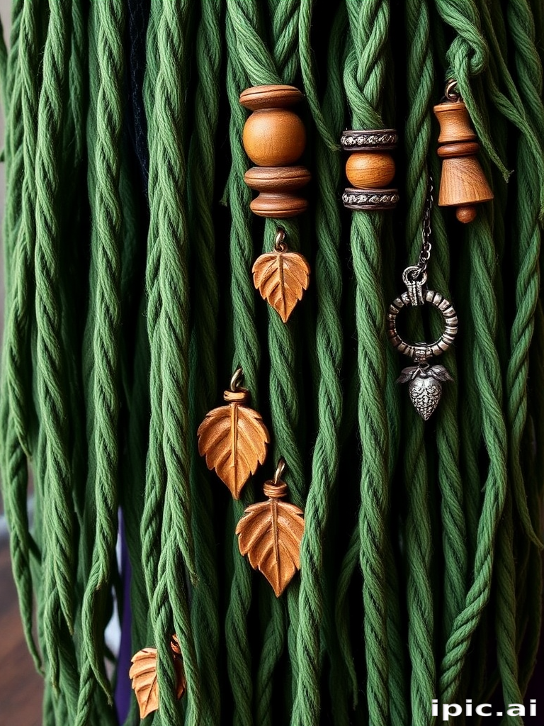 Beautifully Crafted Green Twisted Ropes Adorned with Wooden and Leaf Charms