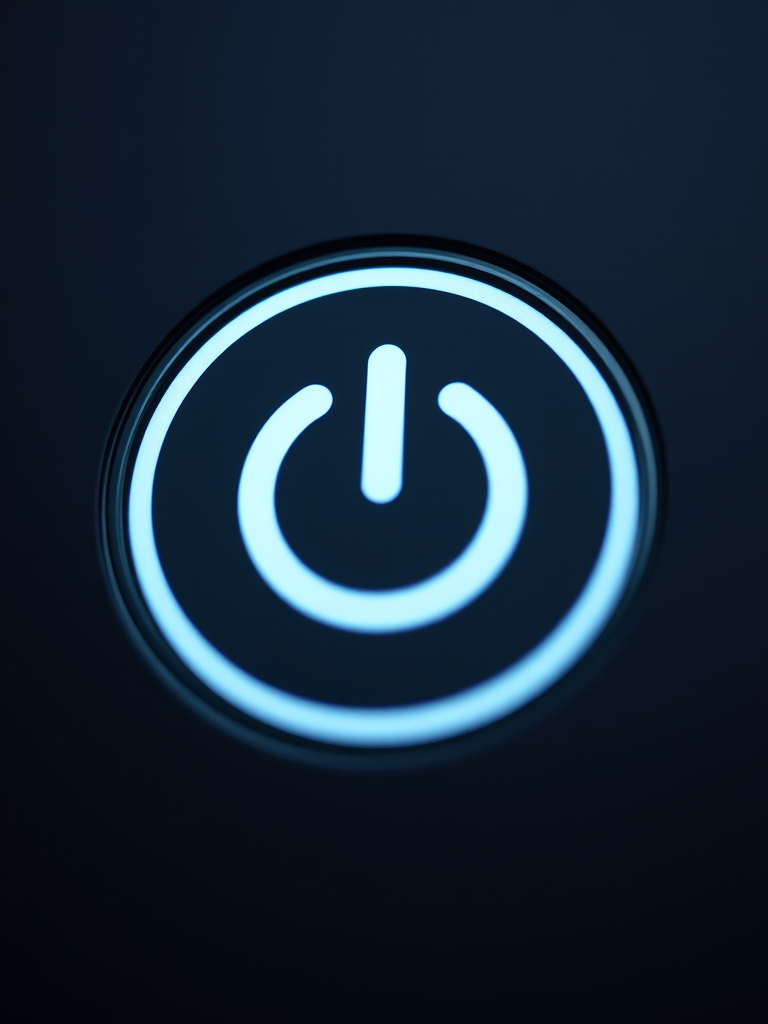 Create a high-resolution image of a power button symbol with a sleek design, using a Canon EOS 5D Mark IV with a 50mm f/1.8 lens, aperture set to f/2.8, ISO 100, and a shallow depth of field; ensure the background is softly blurred to enhance the focus on the symbol.