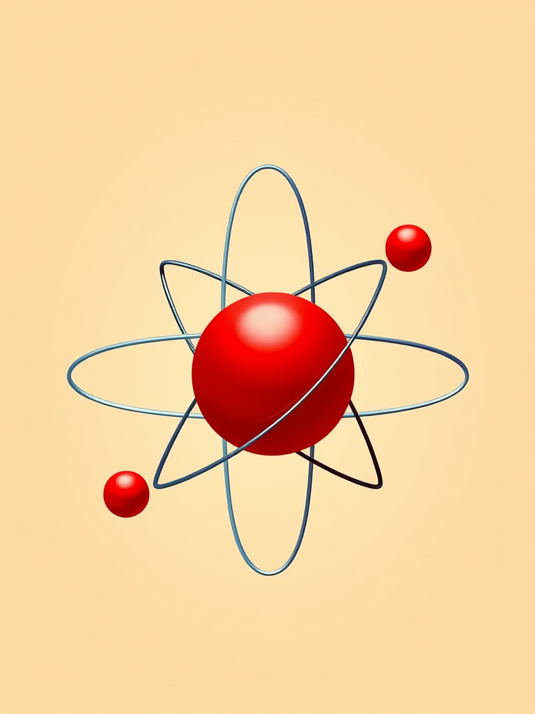 Create a detailed illustration of an atom with a central red sphere and orbiting electrons, using a Canon EOS R5 camera with a 50mm lens at f/1.8, shot from a top-down view, utilizing a soft lighting style to enhance image clarity and vibrancy against a creamy beige background.