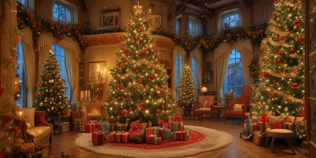 Cozy Holiday Living Room Decorated with Beautiful Christmas Trees and Gifts