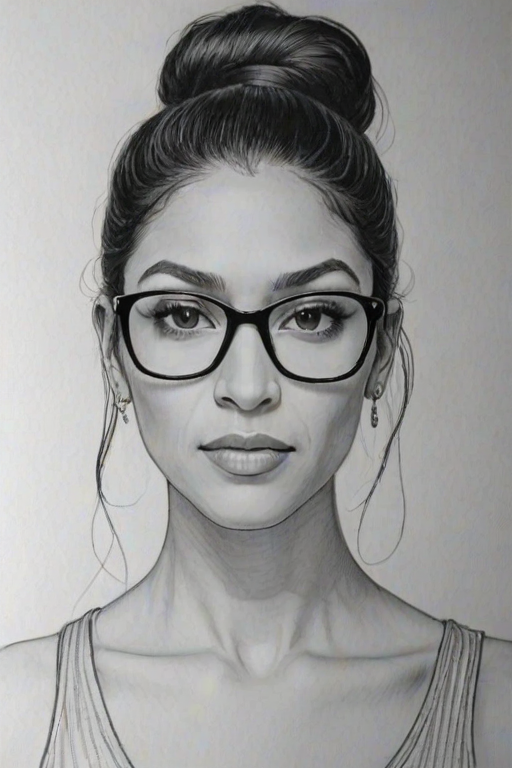 Gorgeous Janina Gavankar, pencil sketch, portrait of Radiant woman 1968s in glasses, hair style beatnik, outline, clear lines, fine lines, 8k