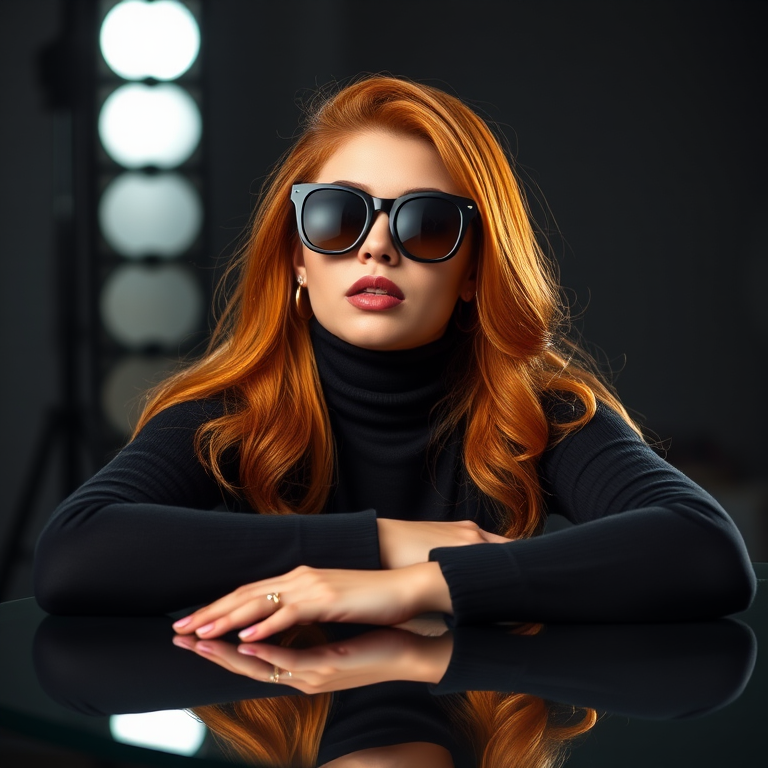 Generate an image of a confident woman with orange hair wearing sunglasses and a black turtleneck, leaning on a glass table, using a studio lighting setup, 50mm lens, f/1.8 aperture, ISO 100, and a slight vignette effect for depth.