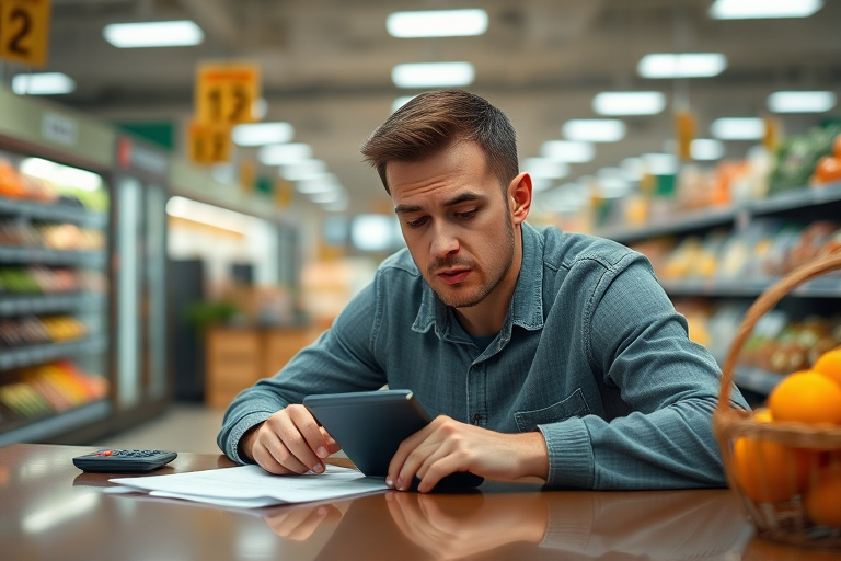 Regenerate an image of a man looking stressed while sitting at a grocery store table with a calculator, documents, and a basket of oranges, captured with a Canon EOS R5, 50mm lens, f/1.8 aperture, ISO 200, 1/100 sec shutter speed, in a shallow depth of field for enhanced focus on the subject while blurring the background.