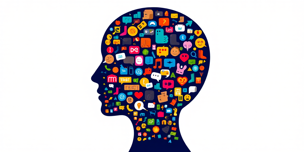 Create a vibrant, abstract silhouette of a human head filled with a colorful mosaic of small icons representing various emotions and thoughts, captured with a DSLR camera, using a 50mm lens at f/1.8 aperture, ISO 100, with a soft bokeh effect to enhance clarity and depth.
