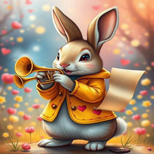 Create a detailed illustration of a whimsical rabbit wearing a yellow coat with red hearts, playing a trumpet, holding a scroll in one hand, set against a vibrant, magical background, captured with a DSLR camera at f/2.8 aperture, ISO 100, 50mm lens, in bright daylight, with a shallow depth of field and high saturation to enhance color quality.
