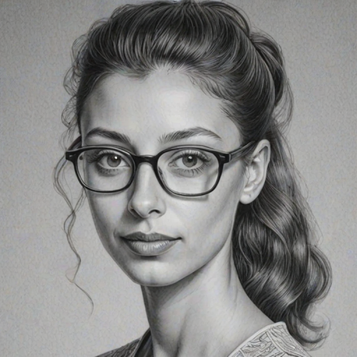 Charming Angela Sarafyan, pencil sketch, portrait of Lovely woman 1942s in glasses, hair style beatnik, outline, clear lines, fine lines, 8k