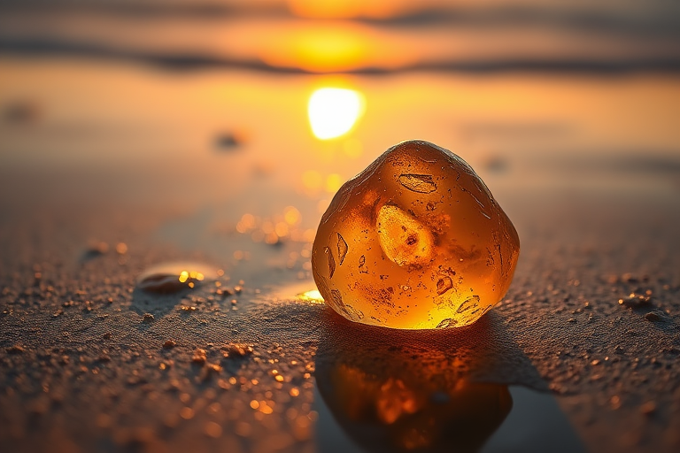 Capture a close-up shot of a translucent amber stone on a wet beach at sunset, with golden hour lighting illuminating the stone; use a DSLR camera with a 50mm lens, aperture f/2.8, ISO 100, shutter speed 1/200 sec, and focus on the reflections in the sand.