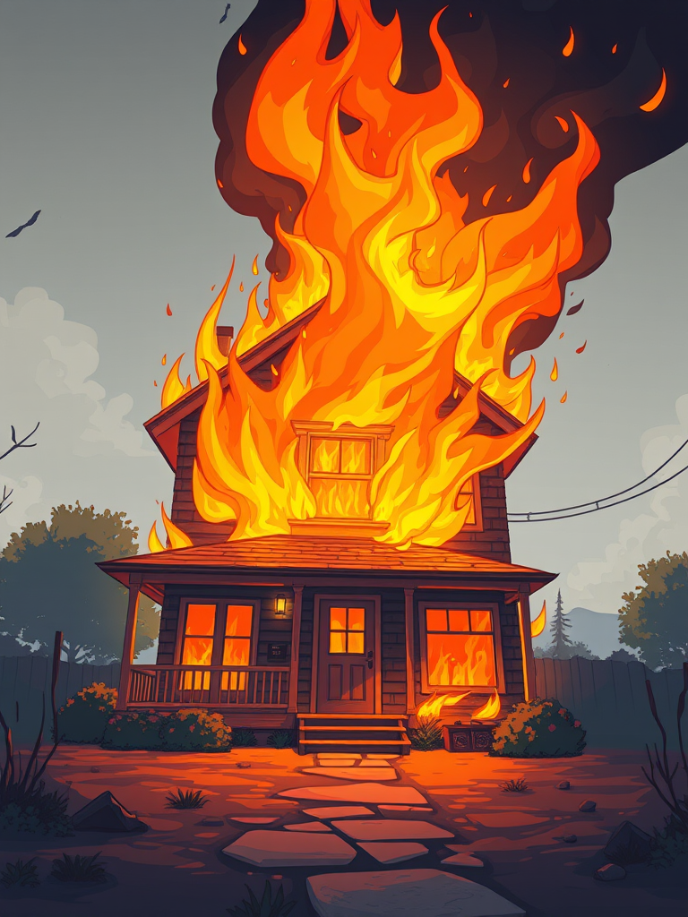 Create a high-resolution illustration of a house on fire with flames vividly depicted, using a DSLR camera style, ISO 100, f/8 aperture, and 50mm lens, shot from a low angle to enhance the dramatic effect and depth.