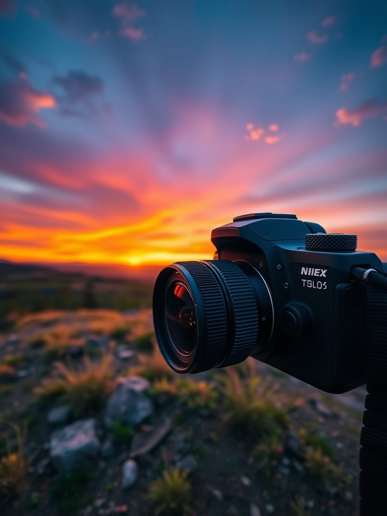 Generate a high-resolution image of a scenic landscape at sunset, using a DSLR camera with a 50mm lens, aperture set to f/8, ISO 100, capturing a wide-angle view with vibrant colors and sharp details.