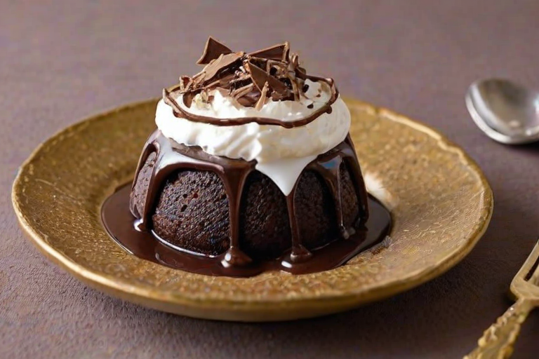 Generate an image of a rich chocolate lava cake with a gooey chocolate center, topped with whipped cream and chocolate shavings. The cake is served on a decorative plate with a golden fork beside it, and there are remnants of melted chocolate around the plate. The background should be softly blurred to emphasize the dessert.
