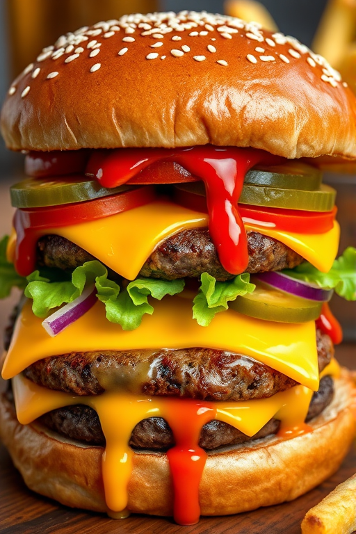 High-resolution, close-up image of a gourmet double cheeseburger. The burger features a glossy, sesame-seed-topped brioche bun. Inside, there are two thick, juicy beef patties, each topped with melted cheddar cheese. The burger is garnished with fresh lettuce, tomato slices, diced onions, and pickles. A generous amount of ketchup and a creamy, orange-colored sauce is dripping down the sides, adding to the mouth-watering appeal. In the background, there are blurred elements including a side of golden French fries and a hint of a beverage, enhancing the overall presentation of a delicious meal.