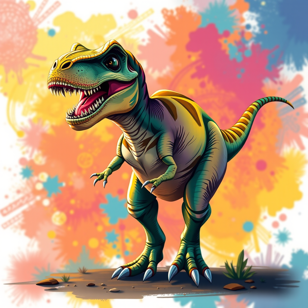 Create a vibrant, high-resolution illustration of a T-Rex dinosaur in a dynamic pose against a colorful abstract background, using a DSLR camera with a 50mm lens, aperture f/2.8, ISO 100, and a shallow depth of field for enhanced clarity and contrast.