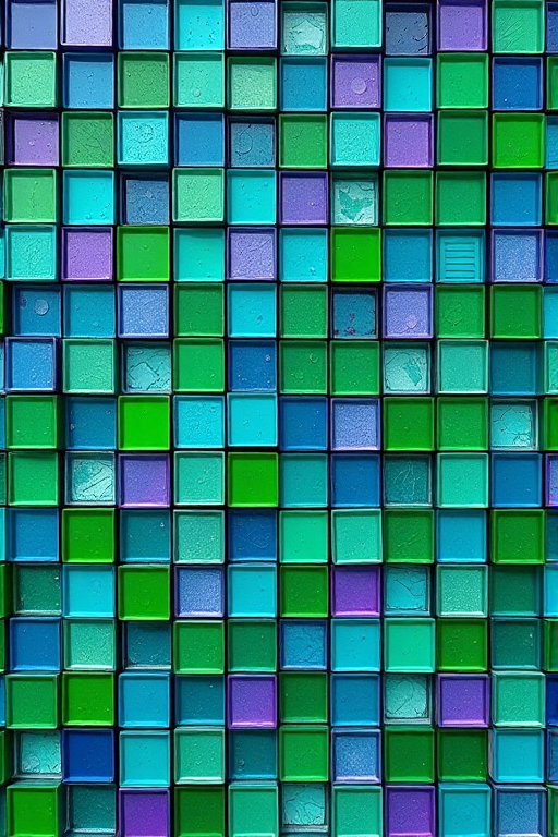 create a vibrant mosaic of squares in various shades of green, blue, and purple, captured with a Canon EOS R5, 50mm lens, f/1.8 aperture, ISO 100, natural light, top-down view for texture enhancement.