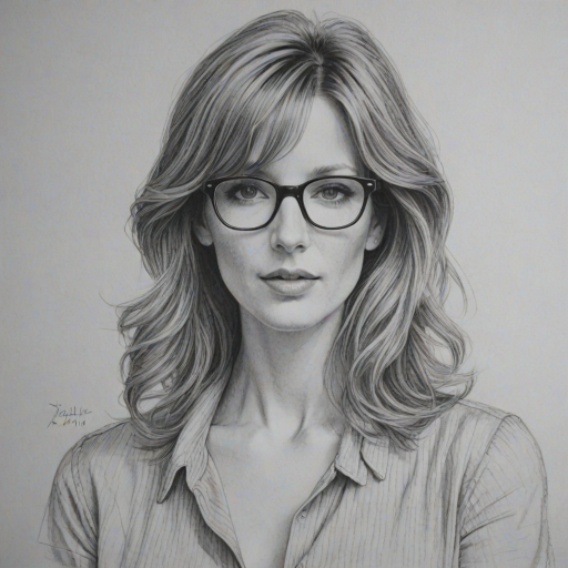 Magnificent Kelly Reilly, pencil sketch, portrait of Delightful woman 1973s in glasses, hair style beatnik, outline, clear lines, fine lines, 8k