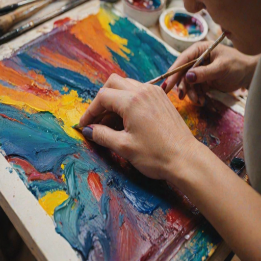 Close-up of a woman's hands painting a canvas, vibrant colors blending together, her focused expression highlighting the passion for her craft.