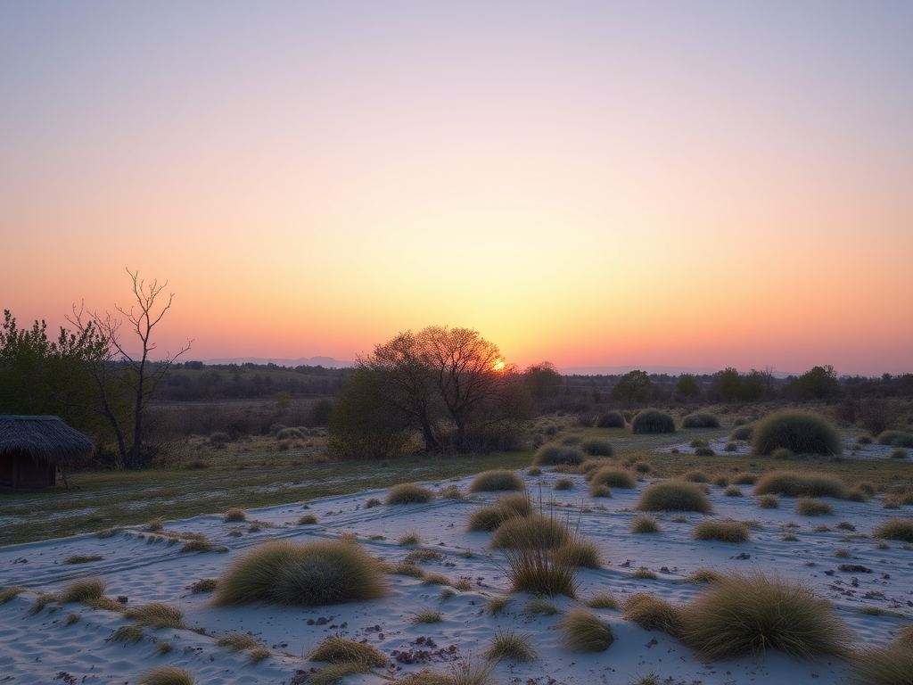 Generate a high-resolution image of a serene landscape at sunrise with soft pastel colors, using a DSLR camera with a 50mm lens, f/1.8 aperture, ISO 100, and a wide-angle view for enhanced depth and clarity.