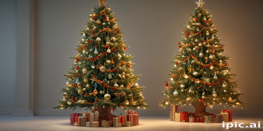 Elegant Christmas Trees Decorated with Lights and Colorful Presents Below