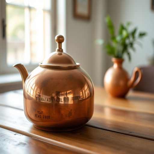 a close-up shot of a vintage copper teapot on a wooden table with natural light streaming in through a window, camera settings: f/2.8, ISO 200, shutter speed 1/60, using a 50mm lens and a DSLR camera for enhanced image quality